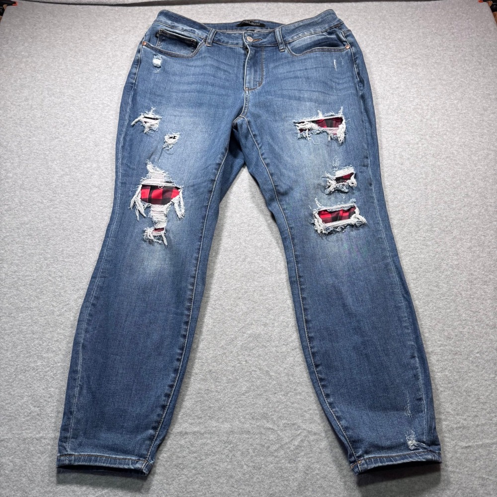 Judy Blue Skinny Fit Distressed Buffalo Plaid Patch Jeans Blue Womens 16W
